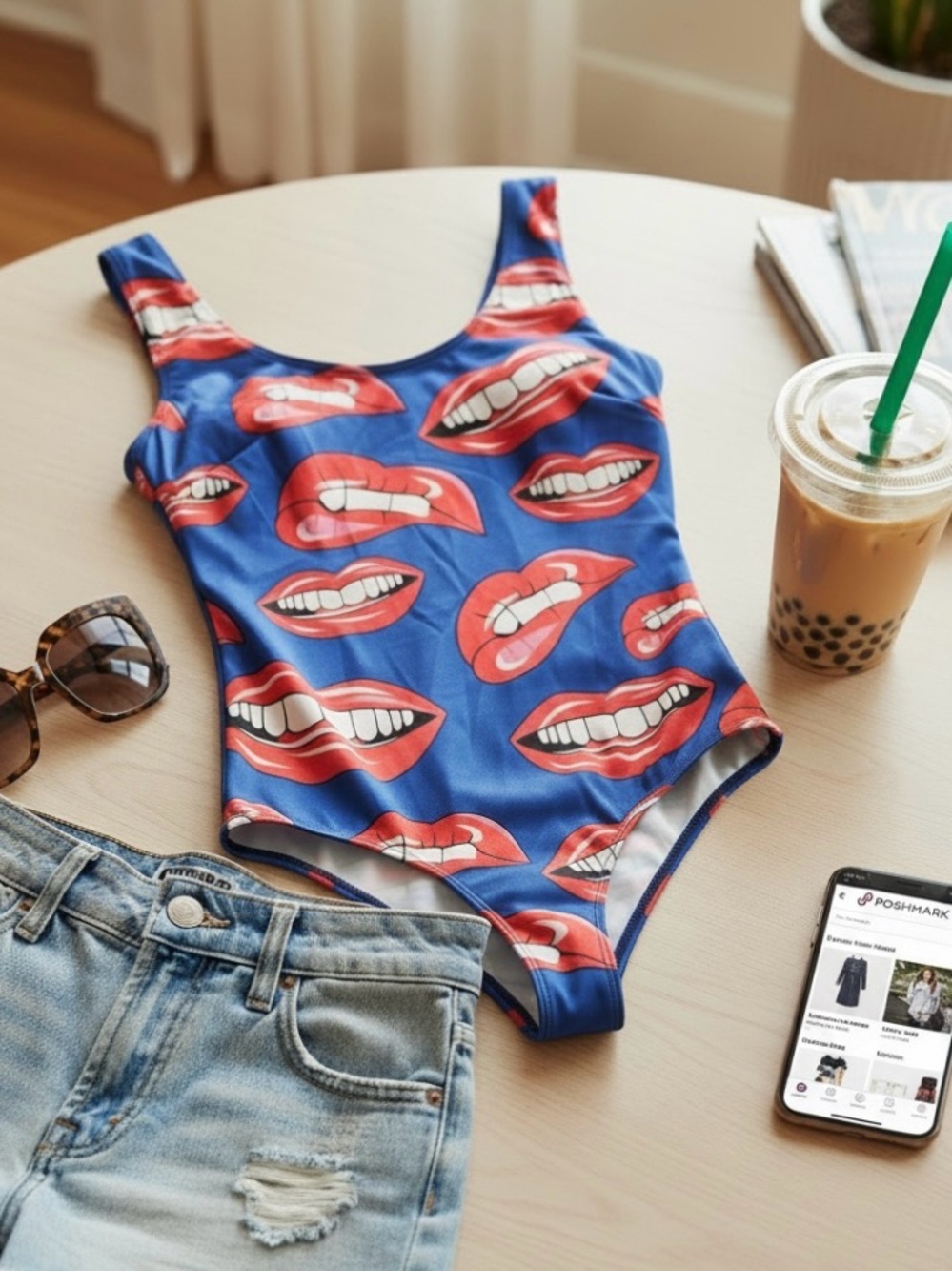 Graphic Blue Lip-Print Scoop Neck Bodysuit